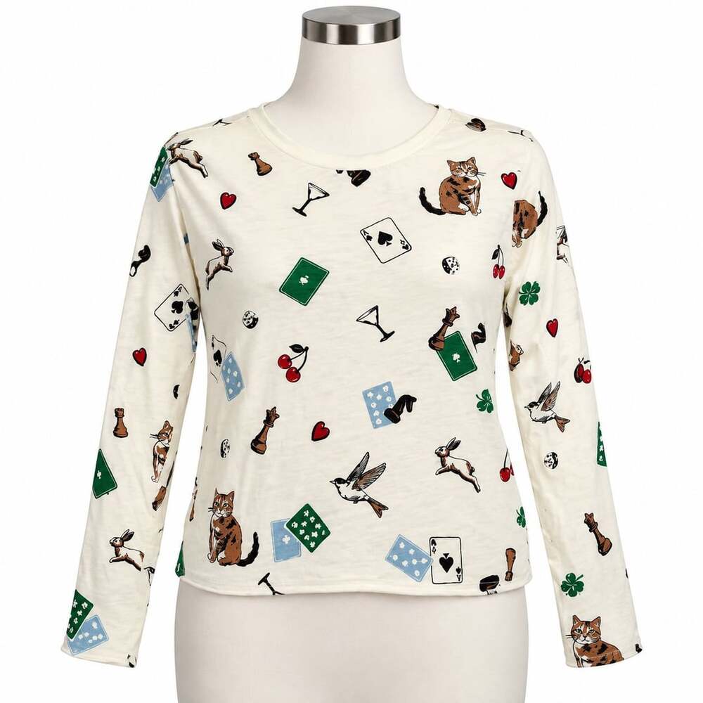 Maeve Anthropologie L Ivory Whimsical Cat Bird Playing Cards Long Sleeve Top
